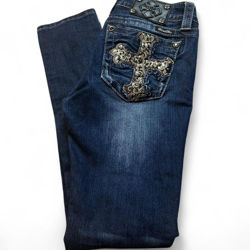 Miss Me signature rise skinny dark wash denim punk jeans size 28‎